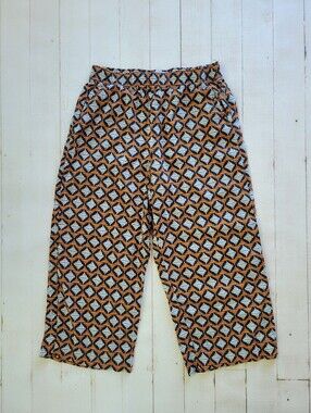 Nicole Miller Sz L Orange & Black Geometric Print European Flax Linen Crop Pants